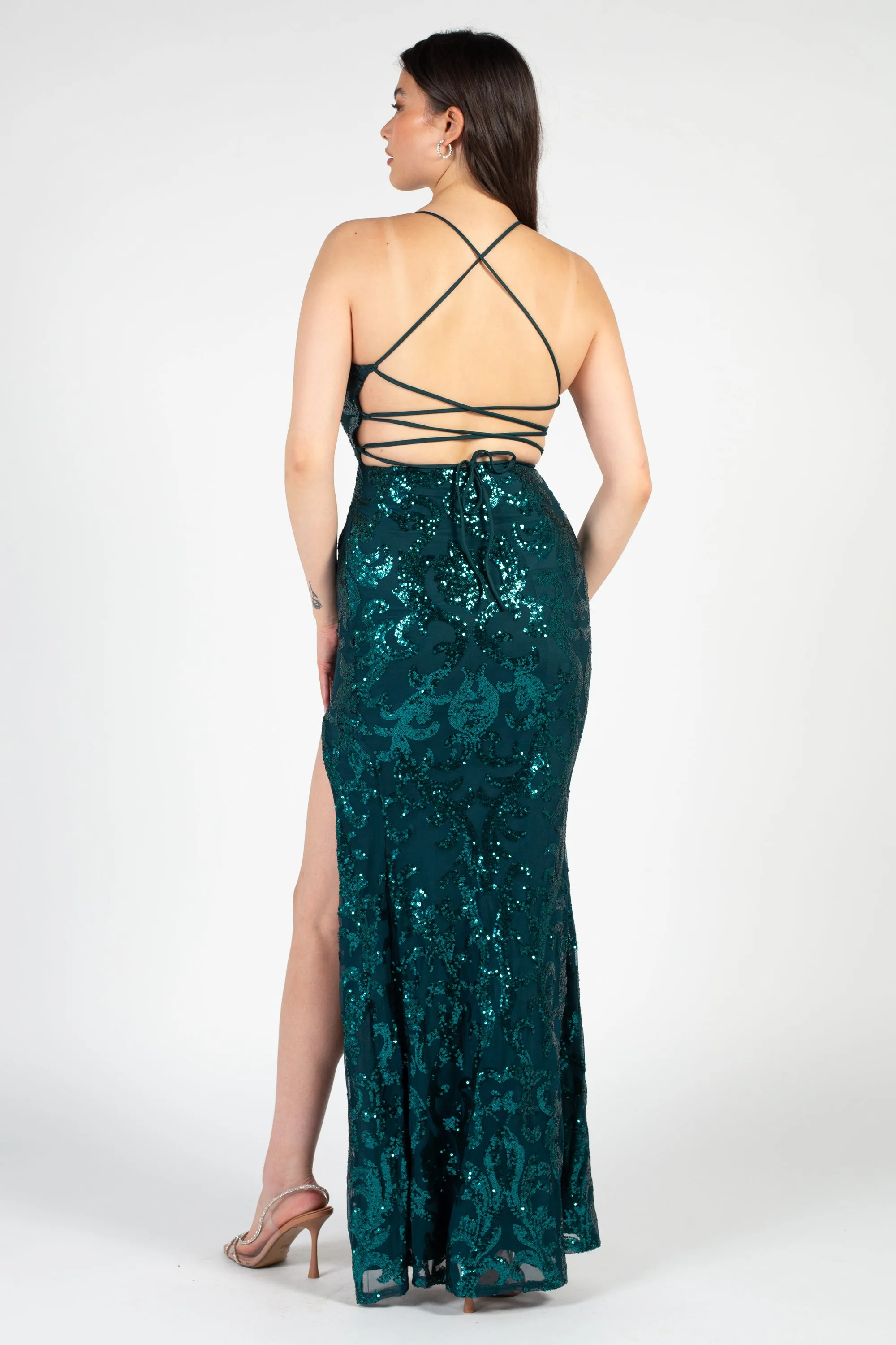 All Eyes On You Strappy High Slit Sequin Gown