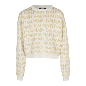 Balmain Kids All-Over Gold Logo Ivory Sweater