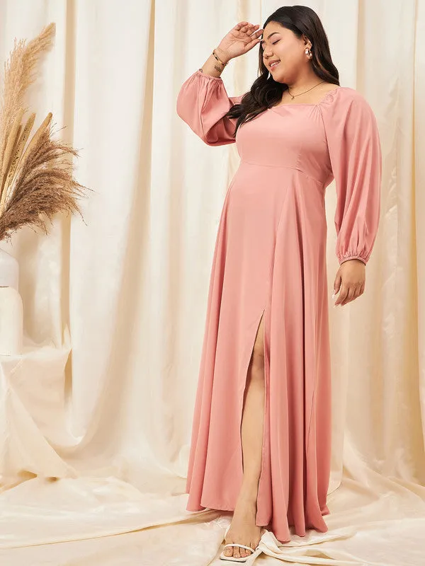 Berrylush Curve Women Solid Peach Square Neck Crepe Thigh-High Slit Flared A-Line Maxi Dress