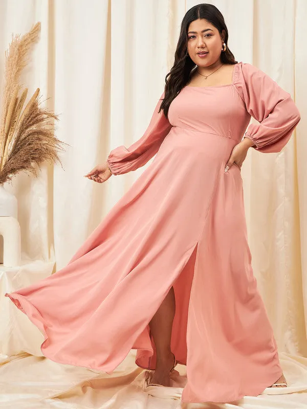 Berrylush Curve Women Solid Peach Square Neck Crepe Thigh-High Slit Flared A-Line Maxi Dress