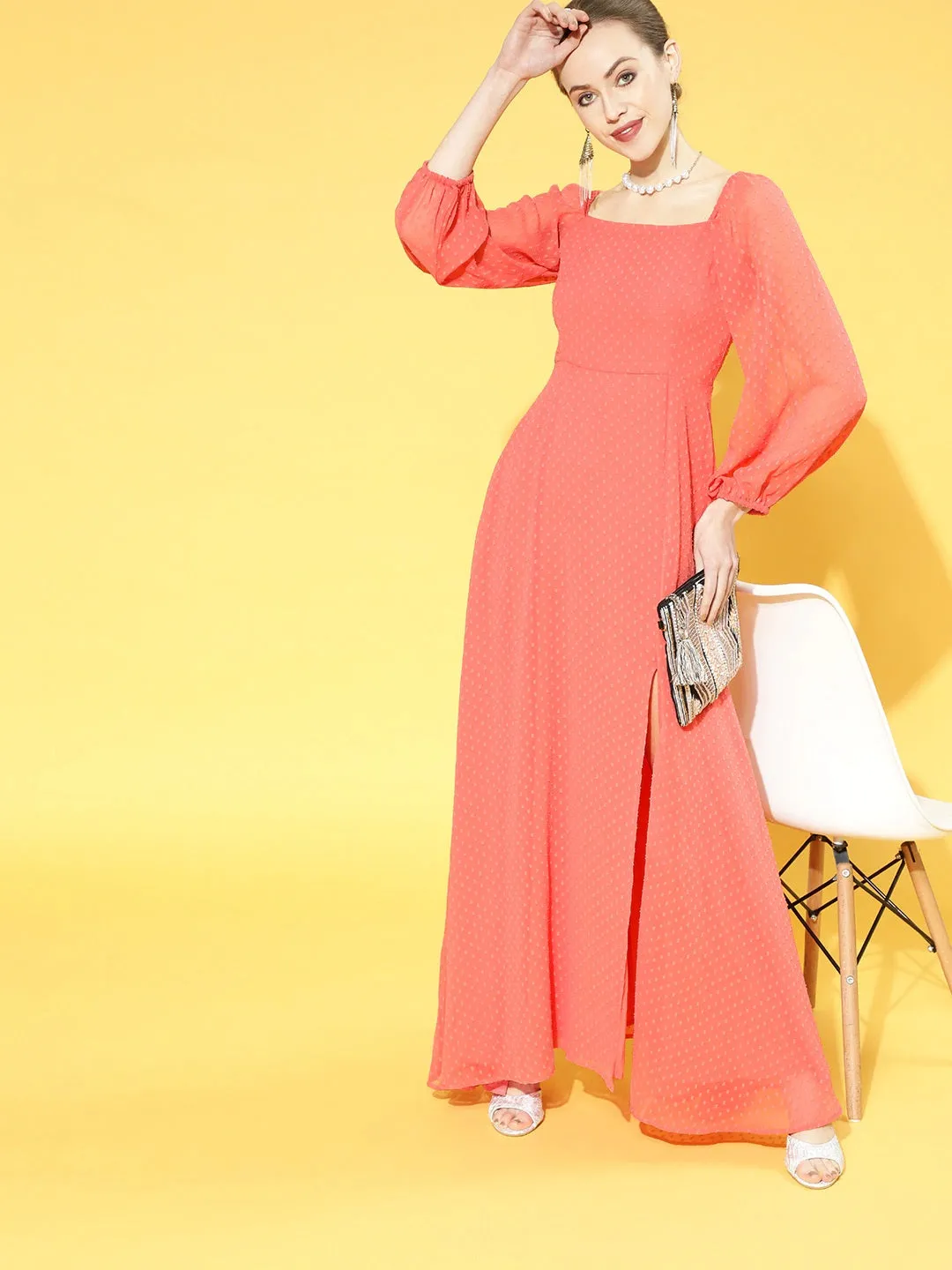 Berrylush Women Pink Dotted Square Neck Maxi Dress