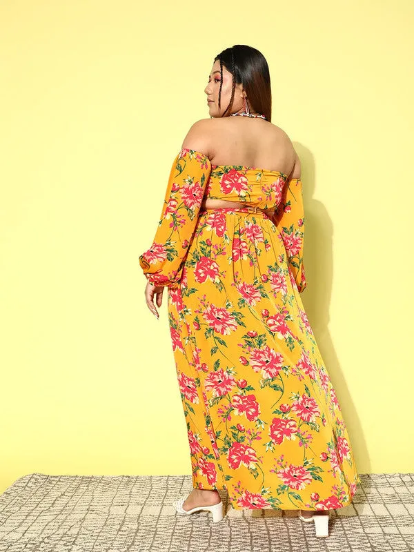 Berrylush Women Plus Size Yellow & Red Floral Printed Off-Shoulder Neck Crop Top & Slited Maxi Skirt Co-Ord Set