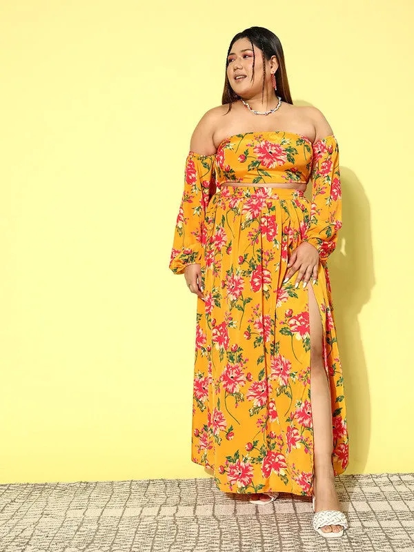 Berrylush Women Plus Size Yellow & Red Floral Printed Off-Shoulder Neck Crop Top & Slited Maxi Skirt Co-Ord Set