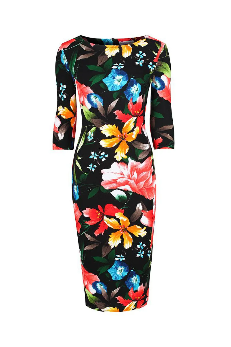 Black Floral Print 3/4 Sleeve Bodycon Pencil Wiggle Dress