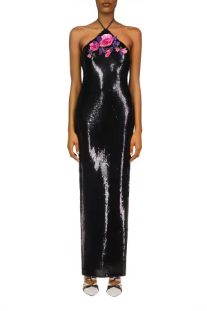 Black Sequin Halter Gown With Hand Beaded Floral Detail