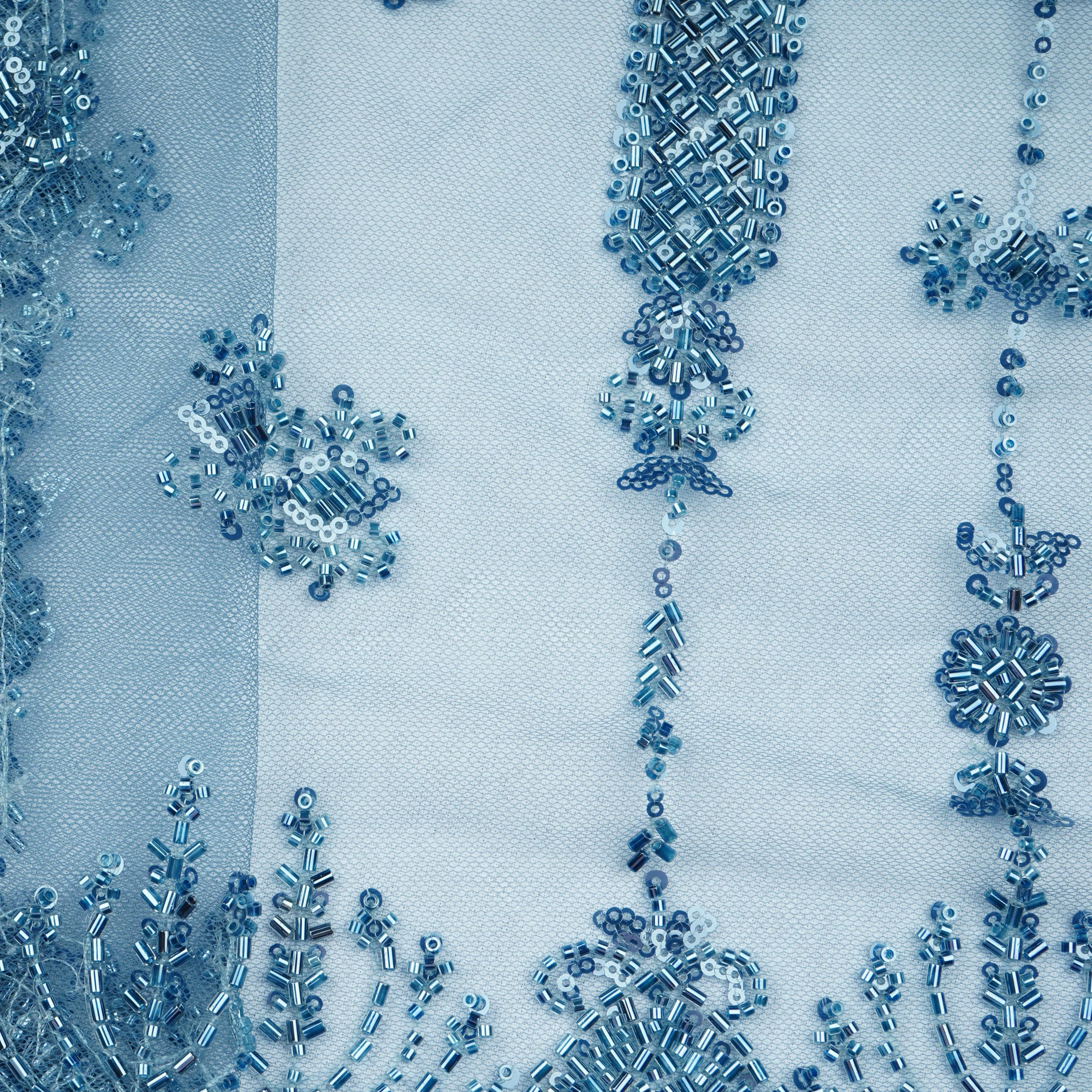 Blue Cutdana Sequins Embroidery Net Fabric 21238