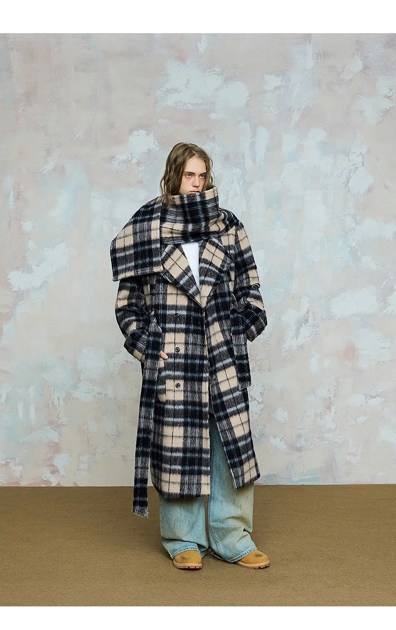 Checked loose slim wool long coat