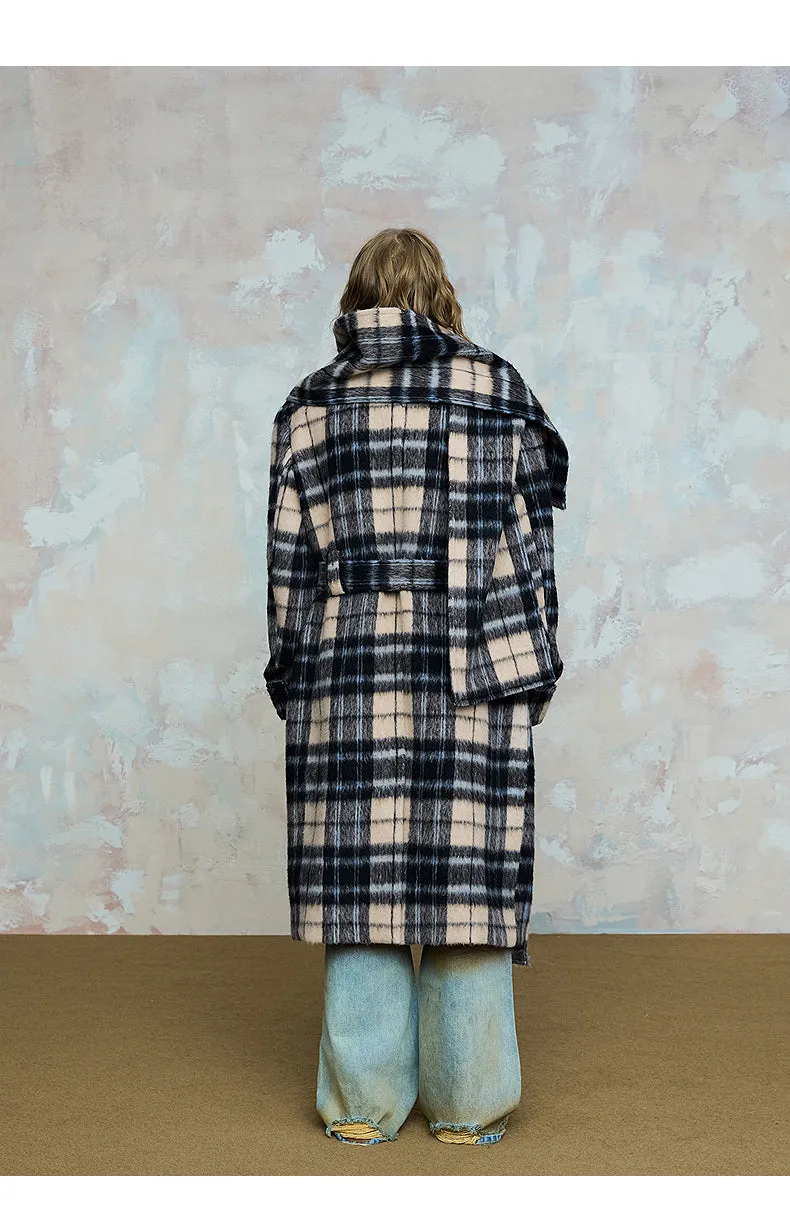 Checked loose slim wool long coat