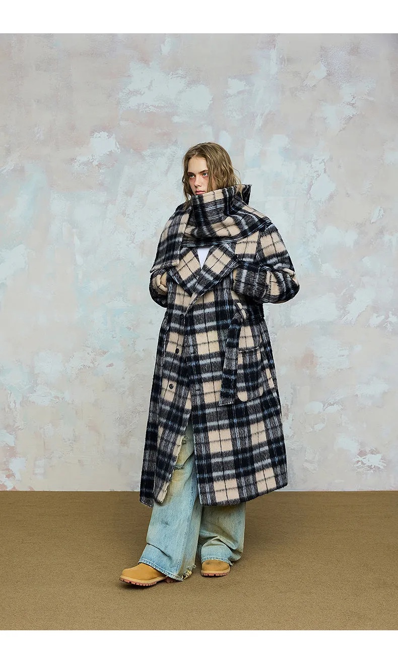 Checked loose slim wool long coat