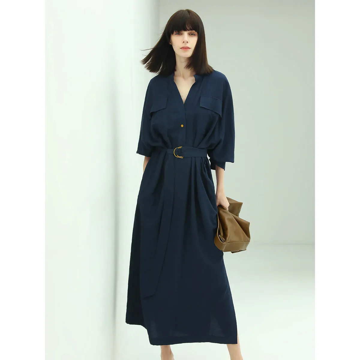 Classic Belted Navy Shirt Dress