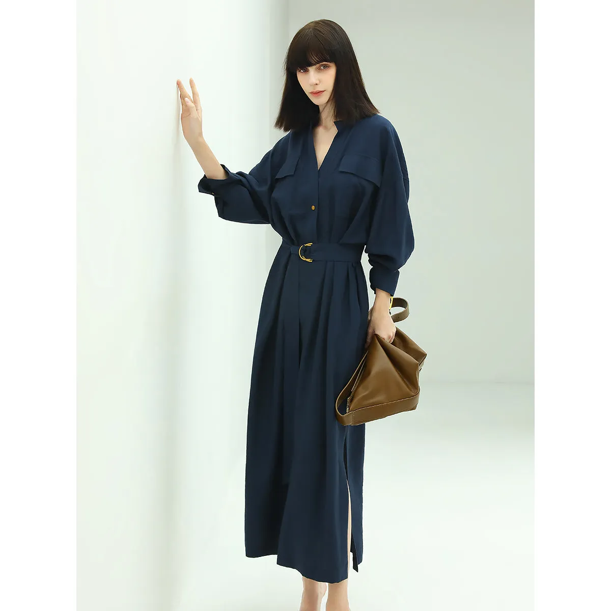 Classic Belted Navy Shirt Dress