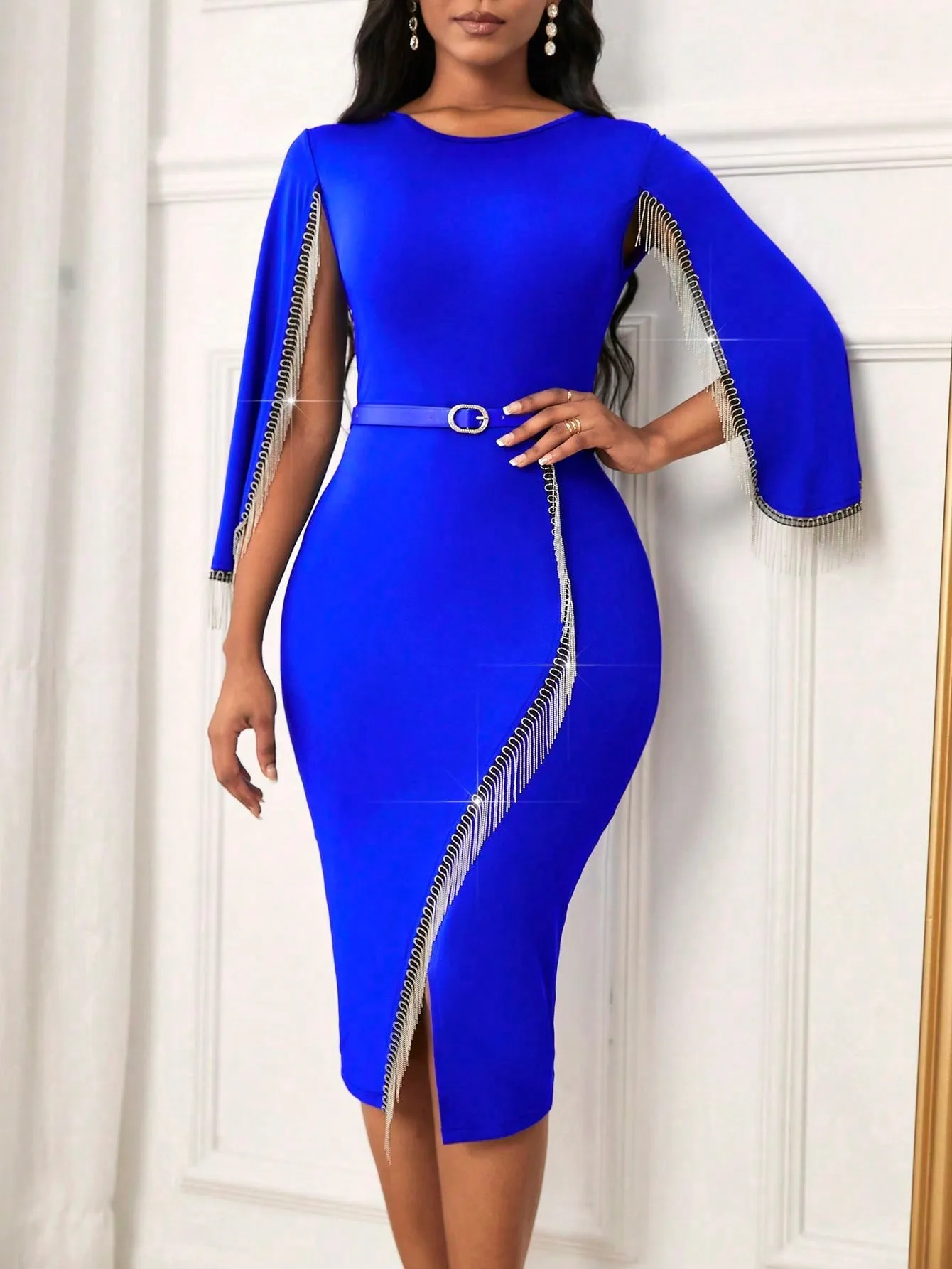 Cloak Sleeve Rhinestone Fringe Trim Split Thigh Belted Bodycon Dress