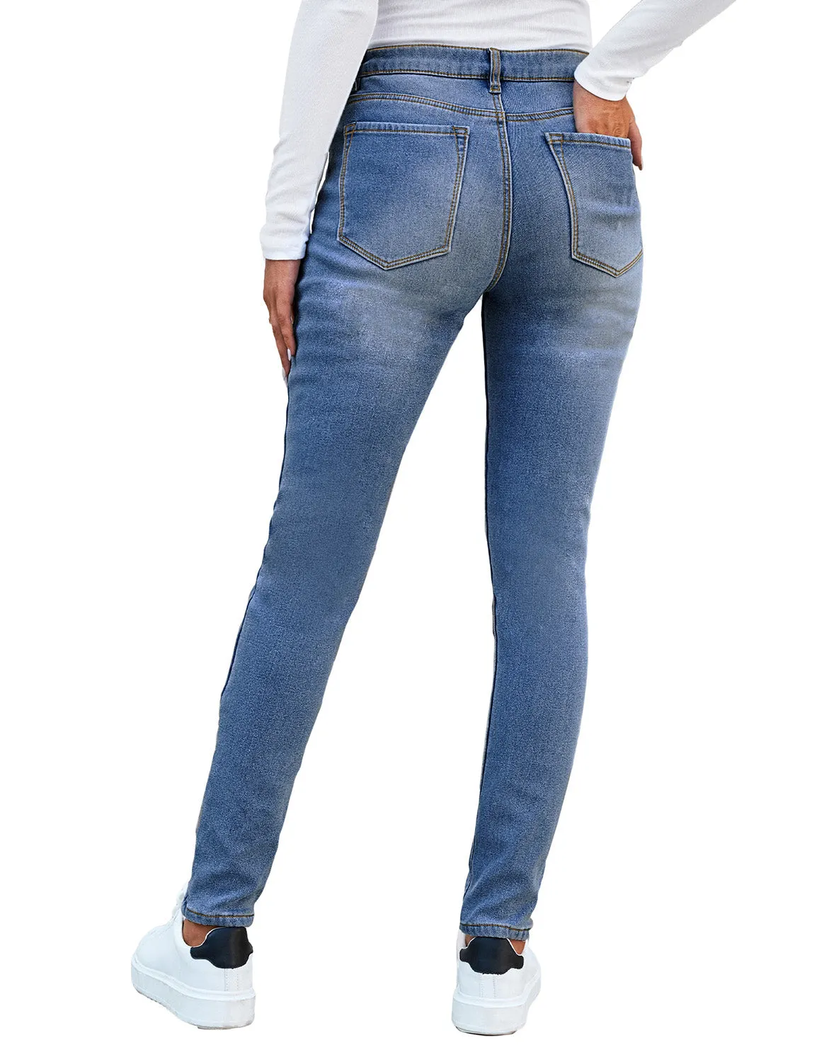 Dark Blue Women's Denim High Waisted Skinny Stretch Fleece-Lined Thermal Leggings