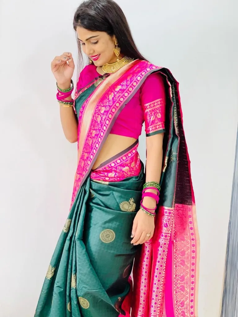 Dazzling Green Soft Banarasi Silk Saree With Ethnic Blouse Piece