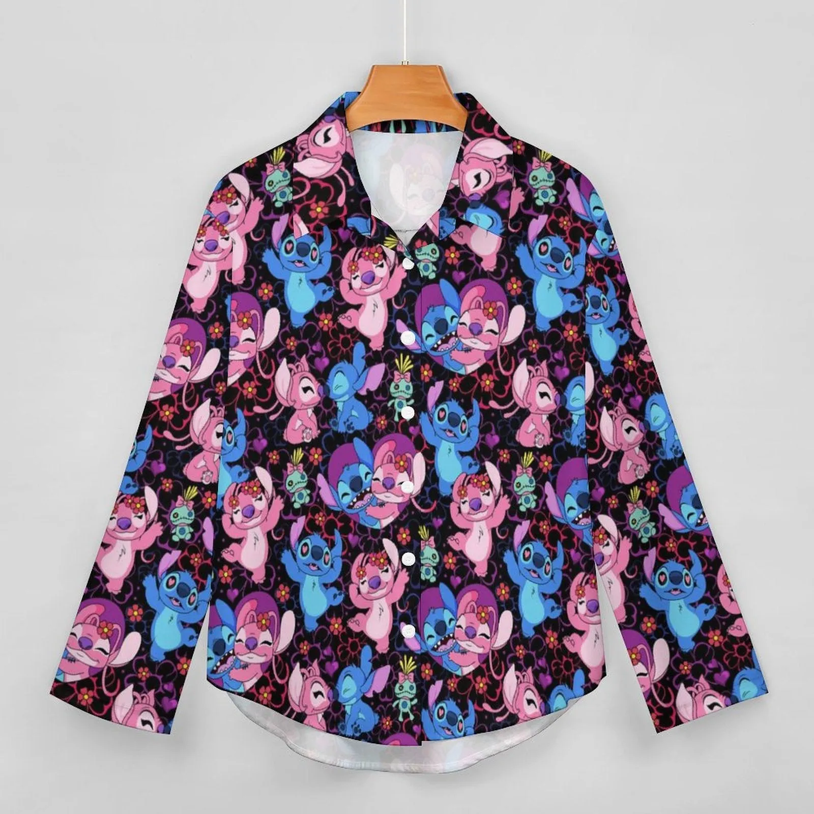 Disney Lilo And Stitch Angel Besties Long Sleeve Button Up Blouse