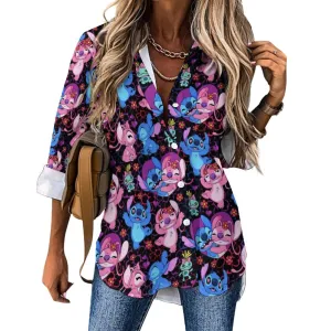 Disney Lilo And Stitch Angel Besties Long Sleeve Button Up Blouse