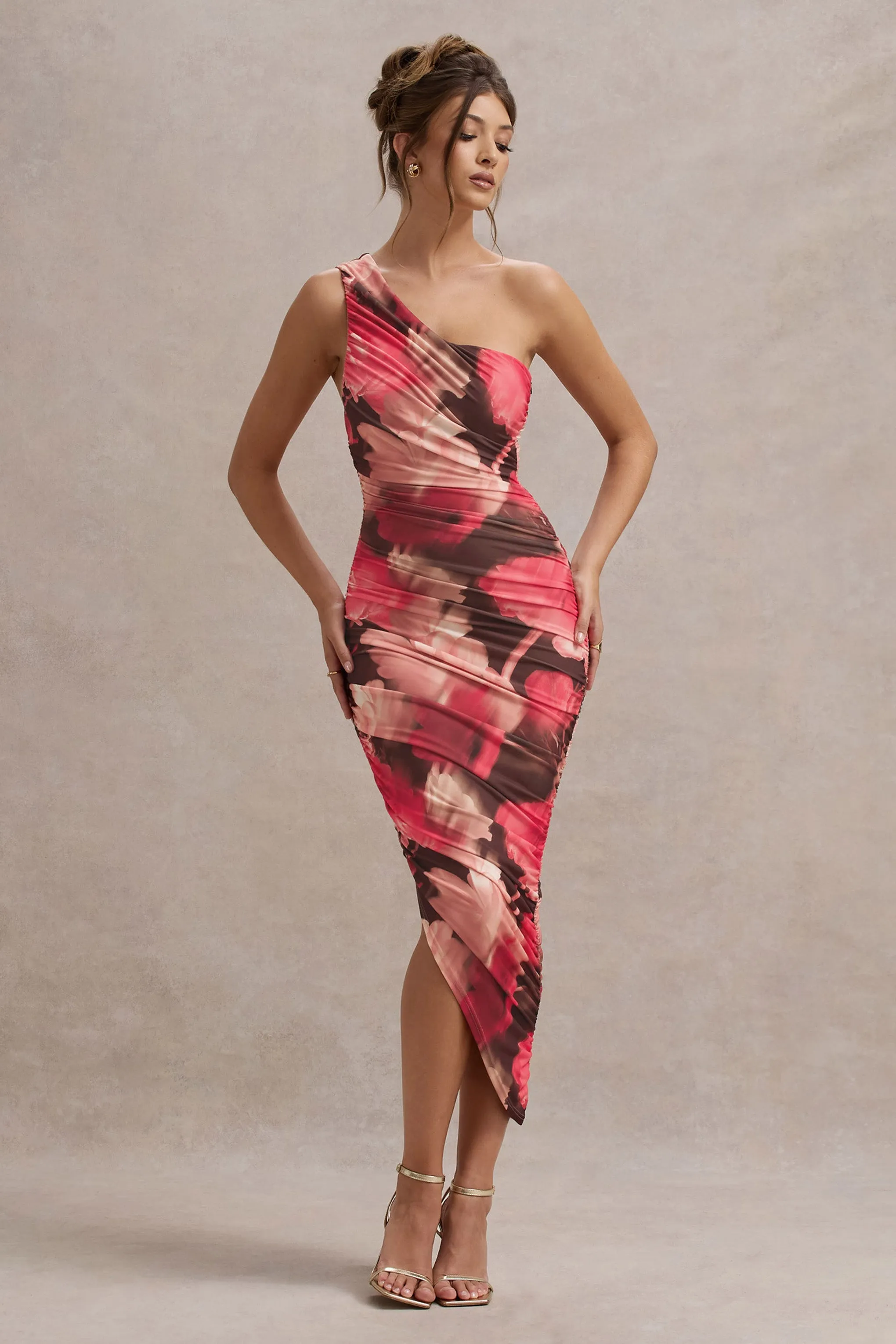 Dorit | Red Floral Print One Shoulder Asymmetric Ruched Midi Dress