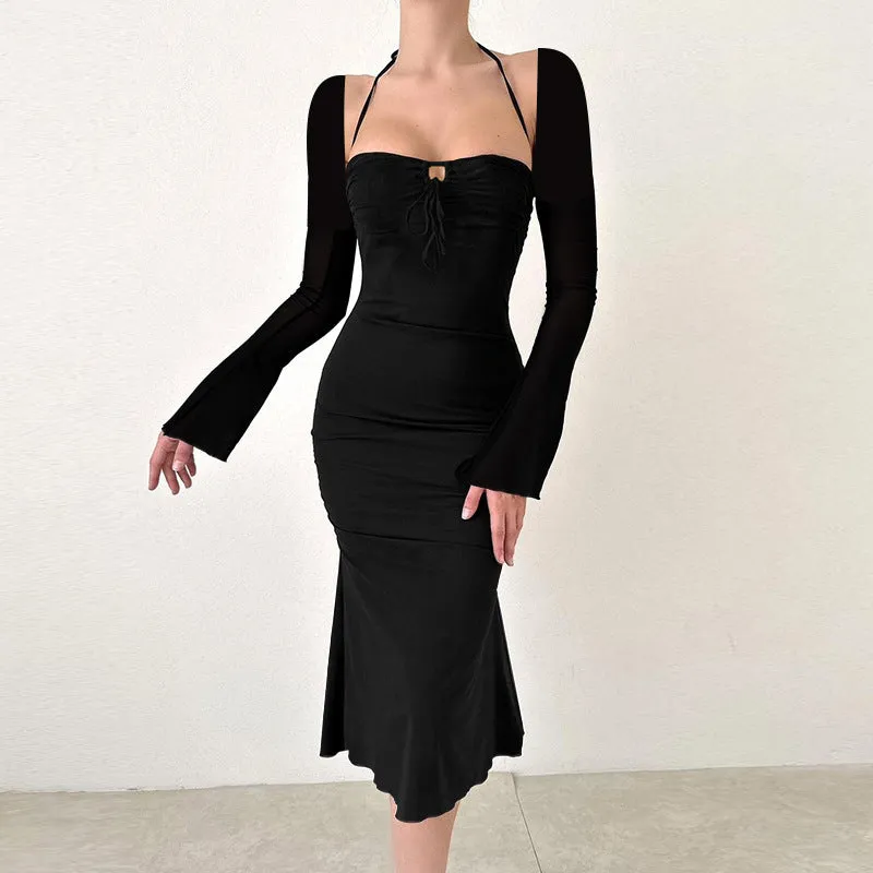 Fall Type Hip Elegant Halter Long Sleeve Thin Strap Slim Fit Dress Women