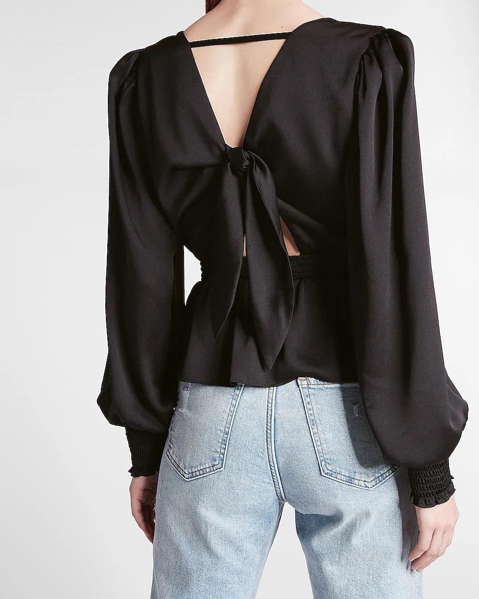 Faux Wrap Tie Back Peplum Top in Pitch Black