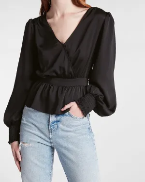 Faux Wrap Tie Back Peplum Top in Pitch Black