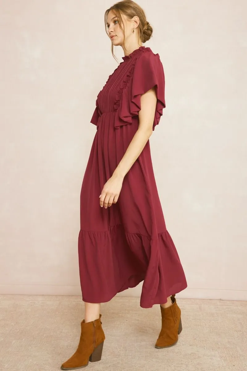 Florence Ruffle Midi Dress - Burgundy