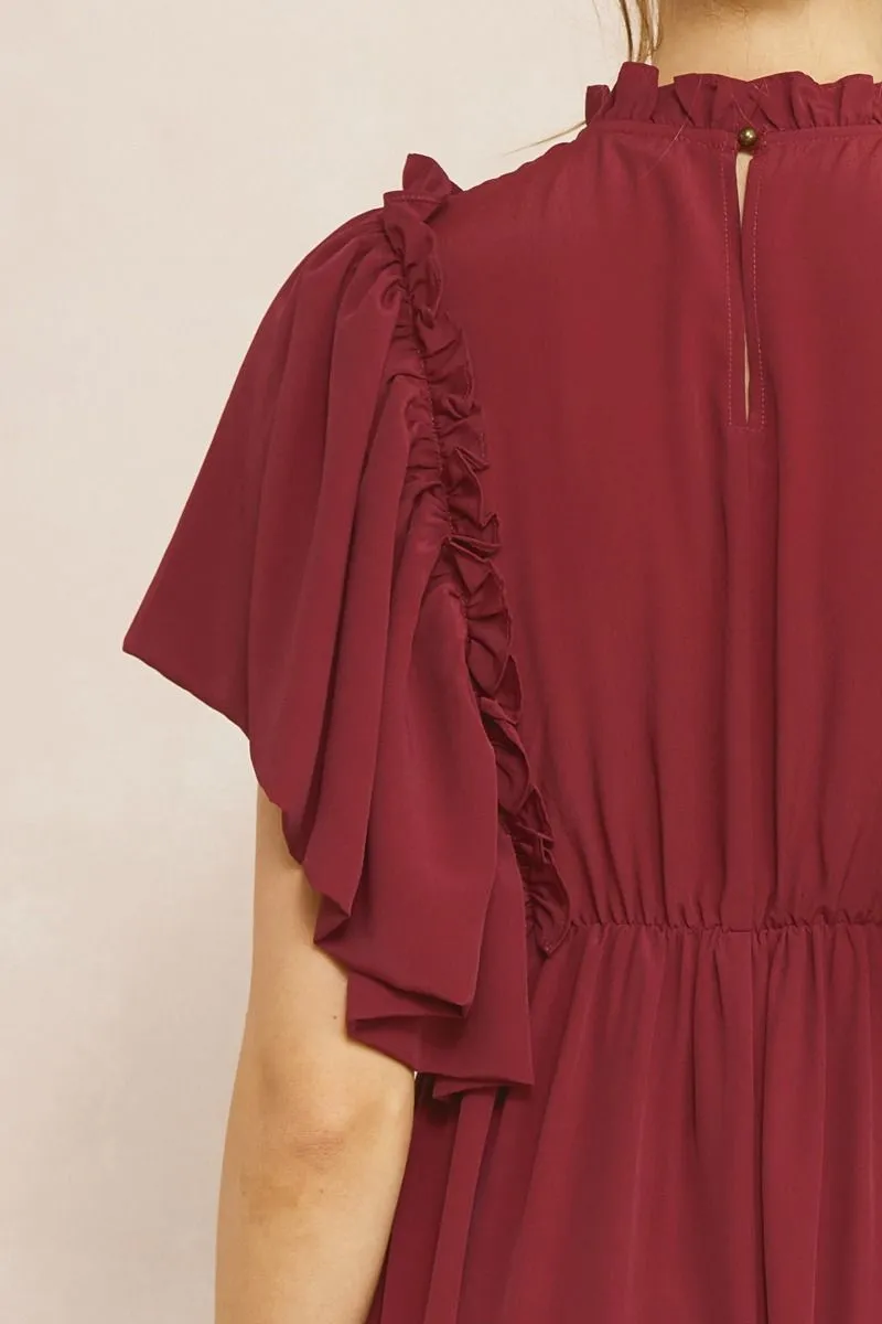 Florence Ruffle Midi Dress - Burgundy