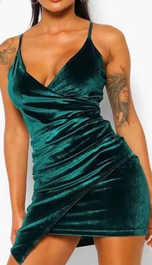 Green Velvet Wrap Front Mini Dress