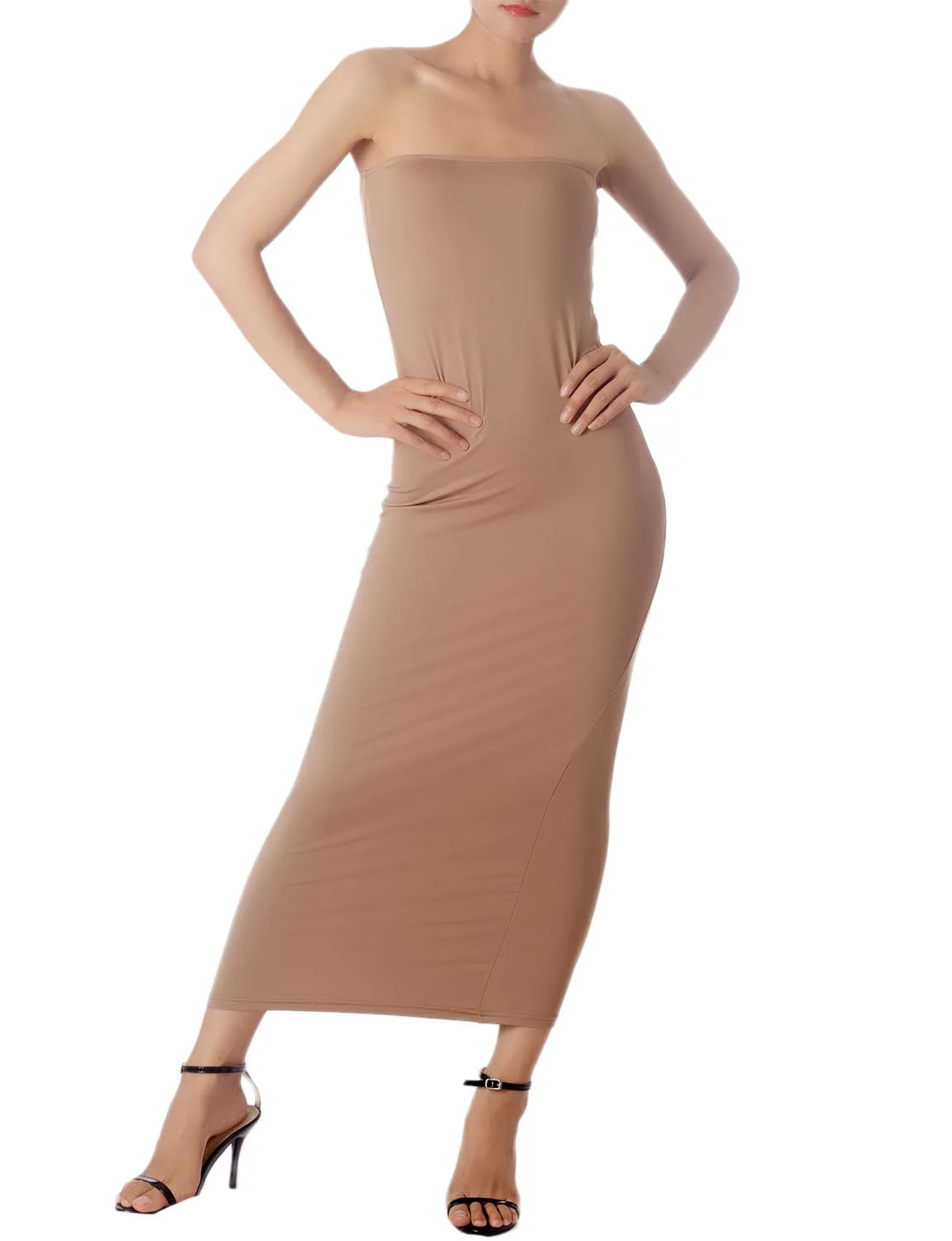 iB-iP Women's Semi See Through Sleeveless Stretchy Tube Pencil Tight Long Strapless Bodycon Dress