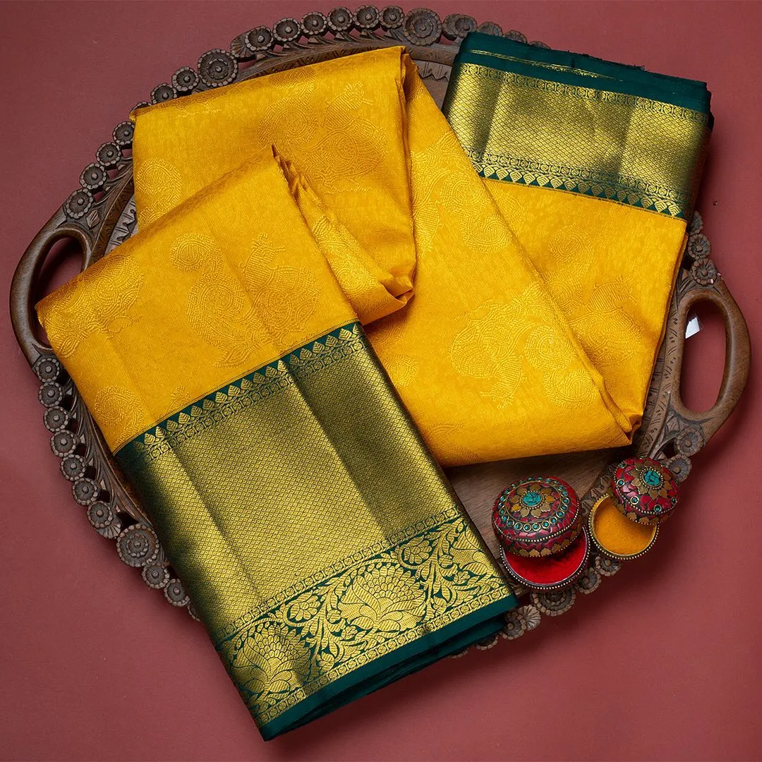 Incredible Yellow Soft Banarasi Silk Saree With Flattering Two Blouse Piece