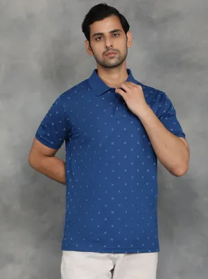 Ink Blue Printed Slim Fit Polo T-Shirt | GreenFibre