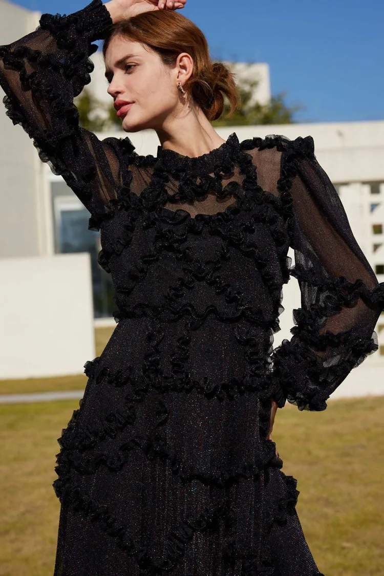 Iridescent Frill Neck Bishop Sleeve Ruffle Tulle Evening Maxi Dress - Black