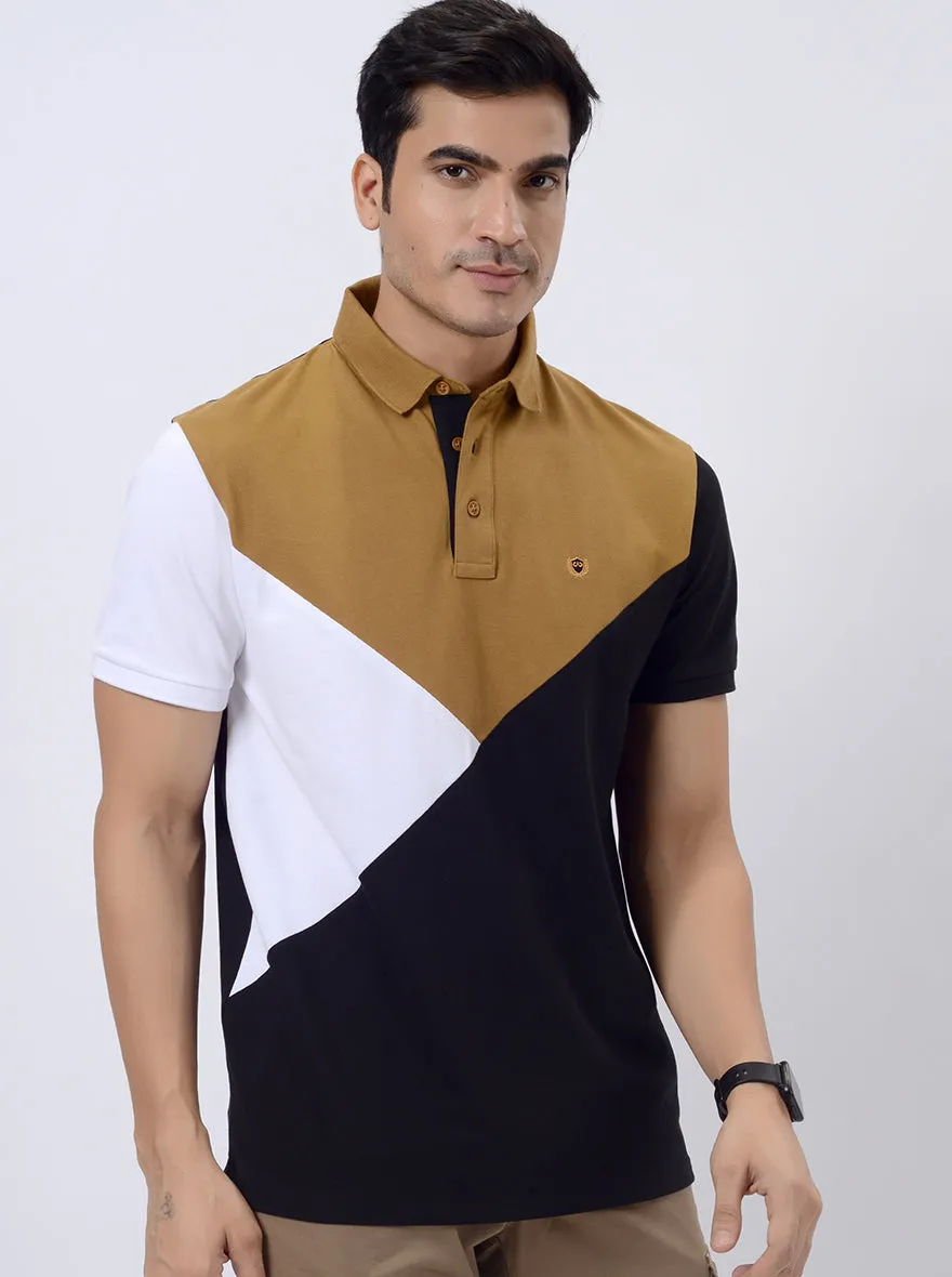 Khaki & White Striped Slim Fit Polo T-Shirt | JadeBlue