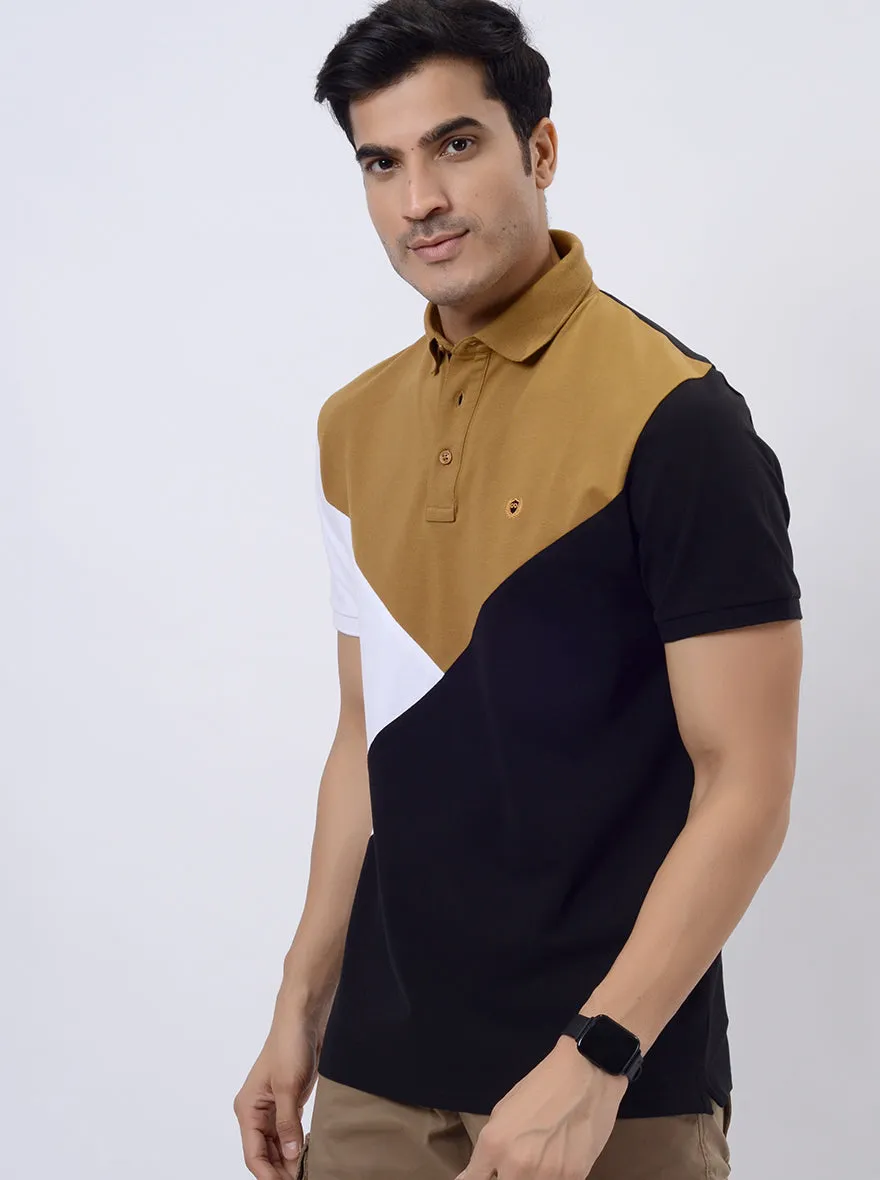 Khaki & White Striped Slim Fit Polo T-Shirt | JadeBlue