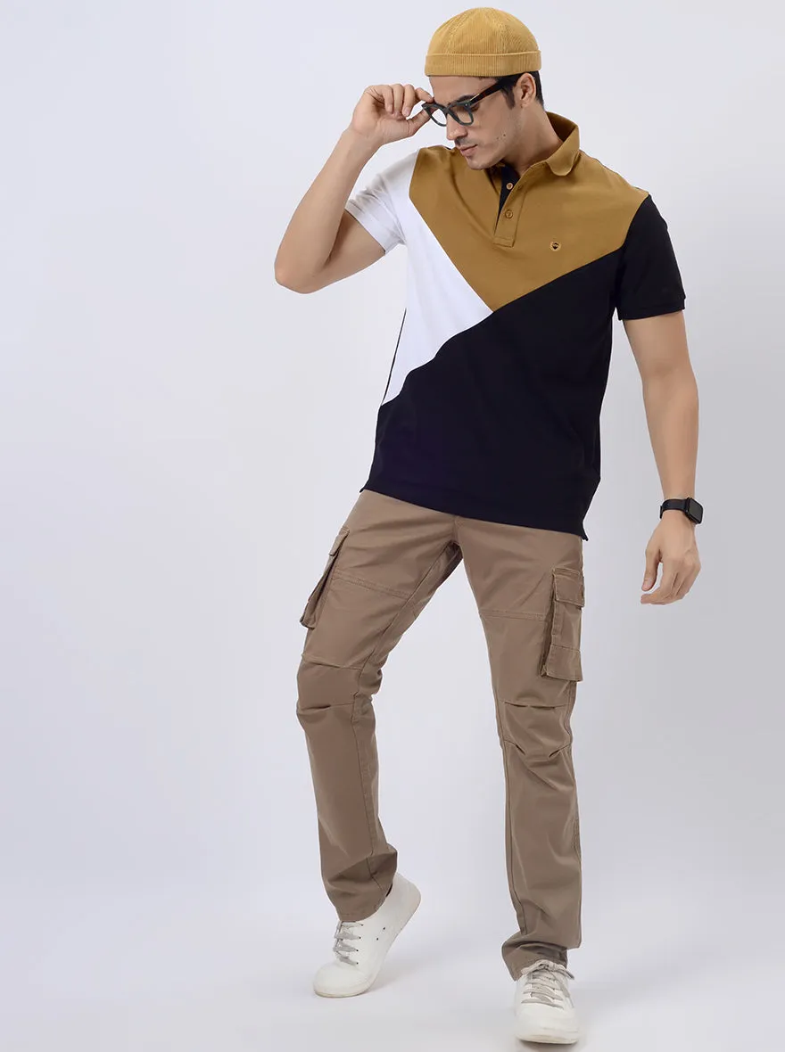 Khaki & White Striped Slim Fit Polo T-Shirt | JadeBlue