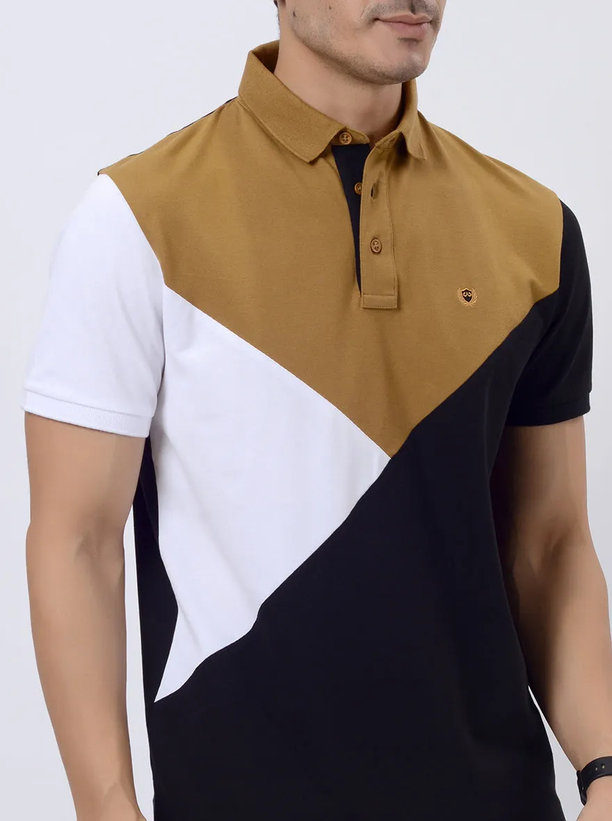 Khaki & White Striped Slim Fit Polo T-Shirt | JadeBlue