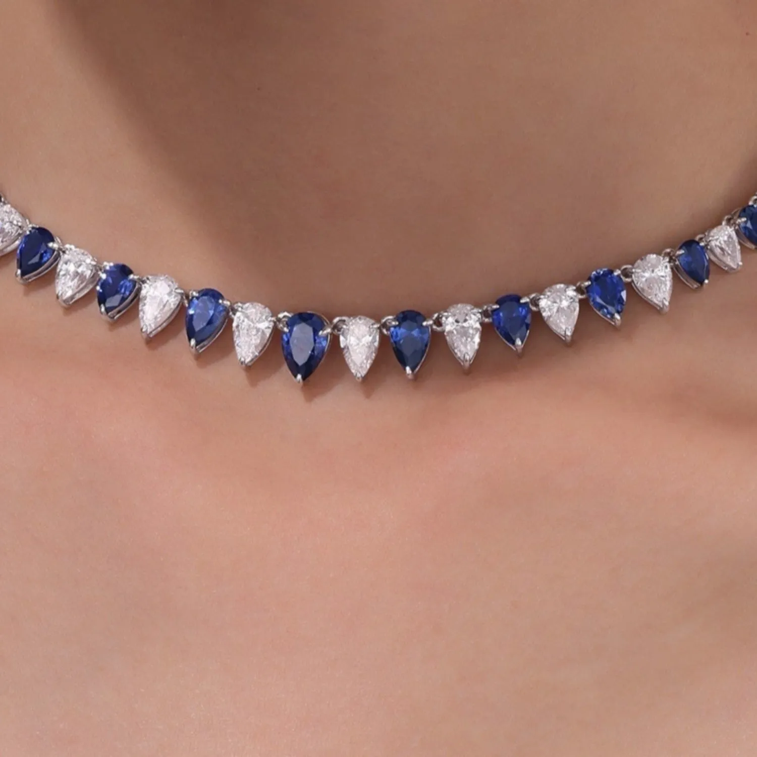 Lafonn 38 Carat Fancy Lab-Grown Sapphire & Simulated Diamond Pear Cut Tennis Choker Necklace