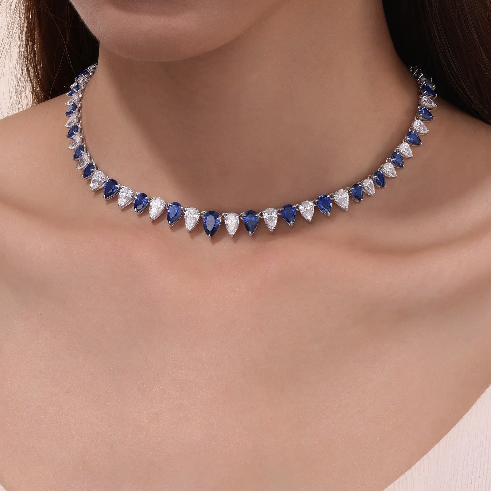 Lafonn 38 Carat Fancy Lab-Grown Sapphire & Simulated Diamond Pear Cut Tennis Choker Necklace