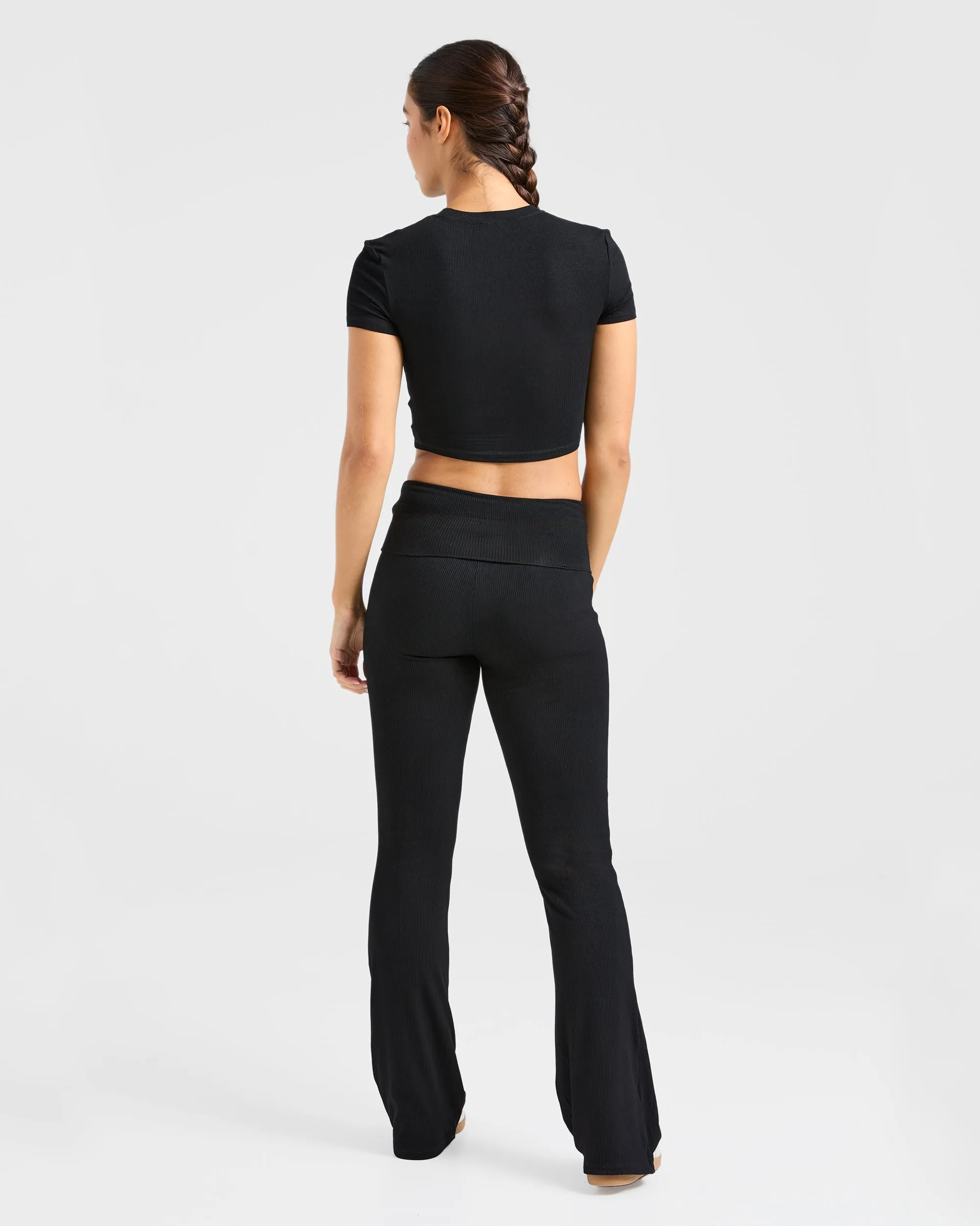 Lounge Ribbed Foldover Flared Leggings - Black