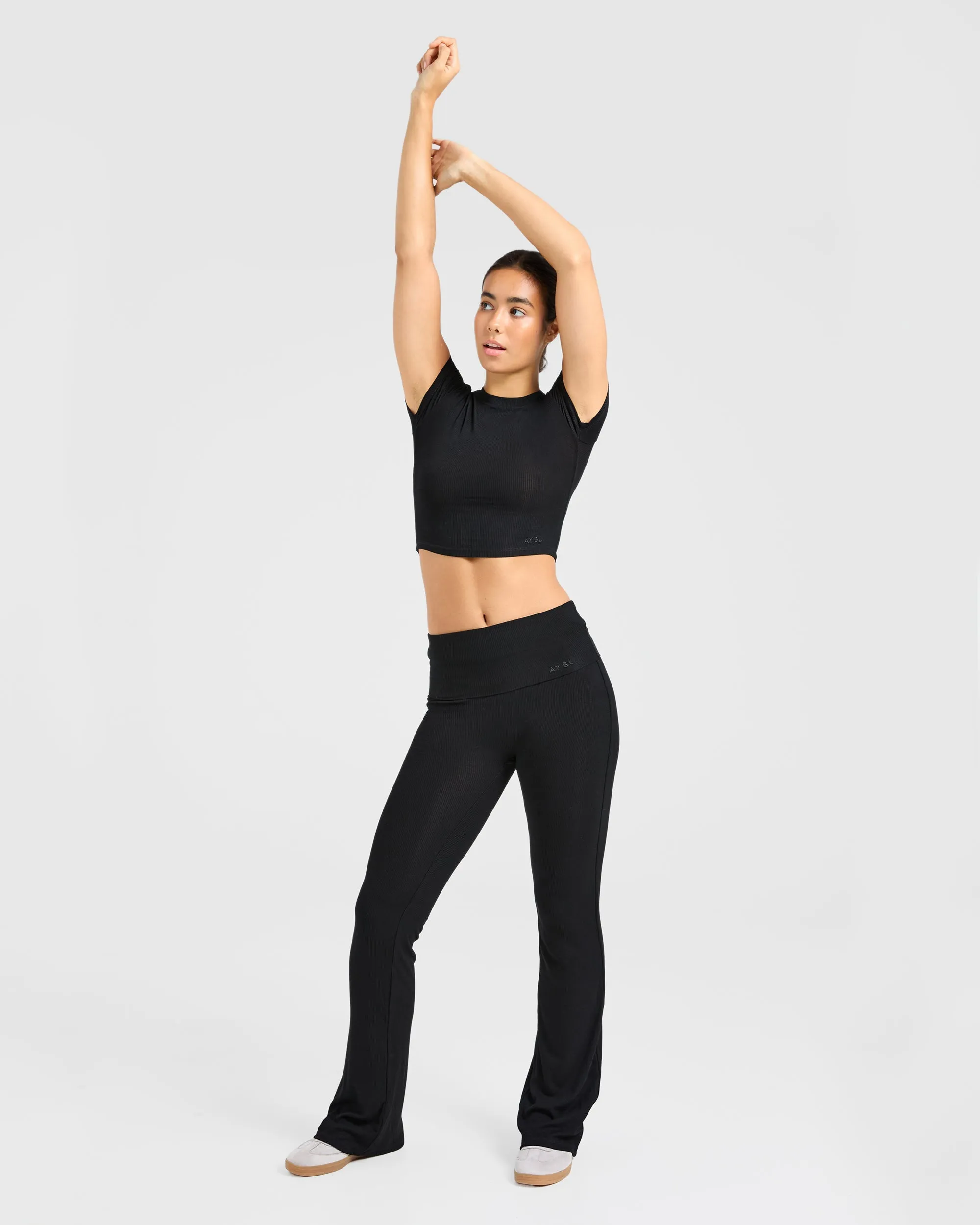 Lounge Ribbed Foldover Flared Leggings - Black