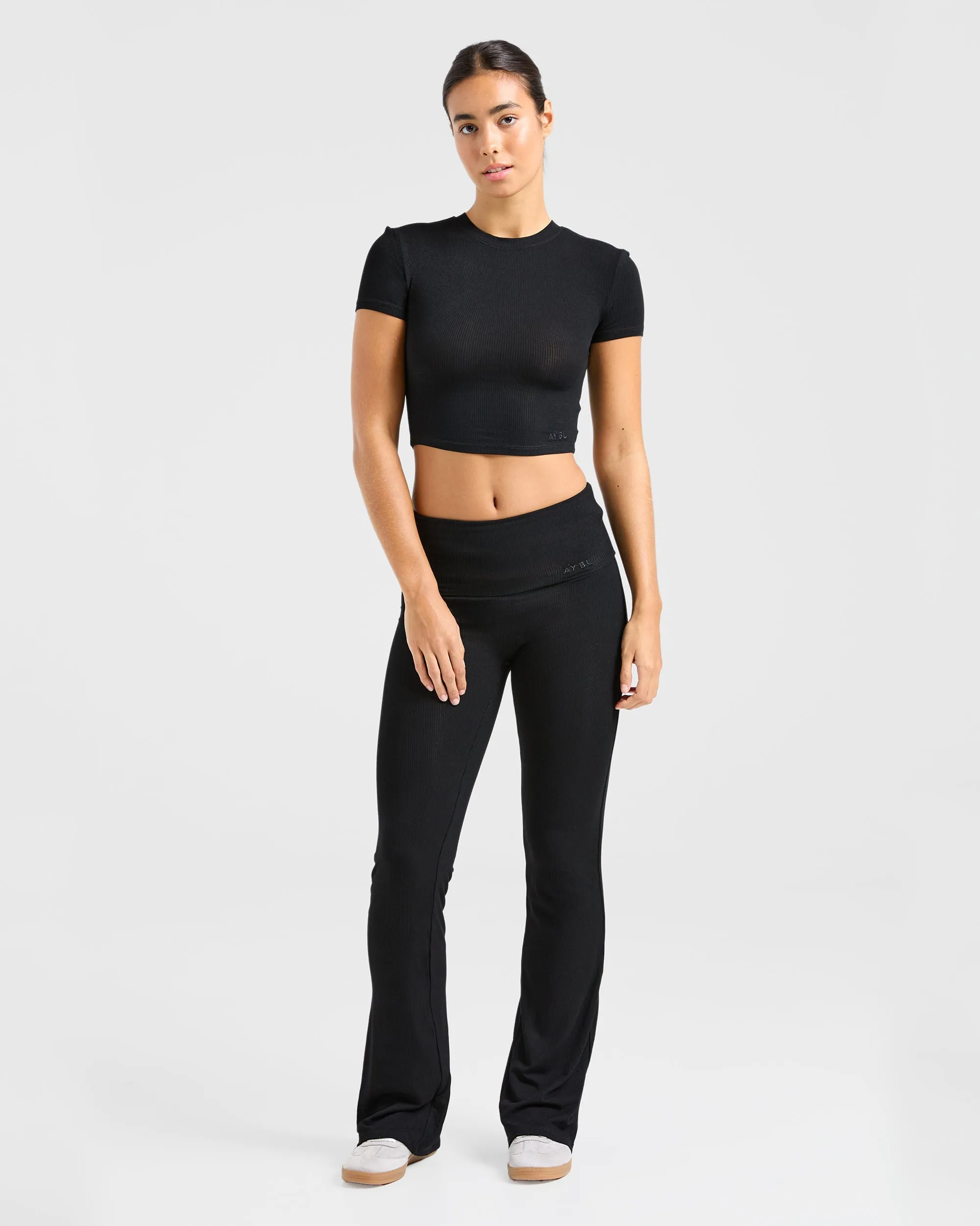 Lounge Ribbed Foldover Flared Leggings - Black