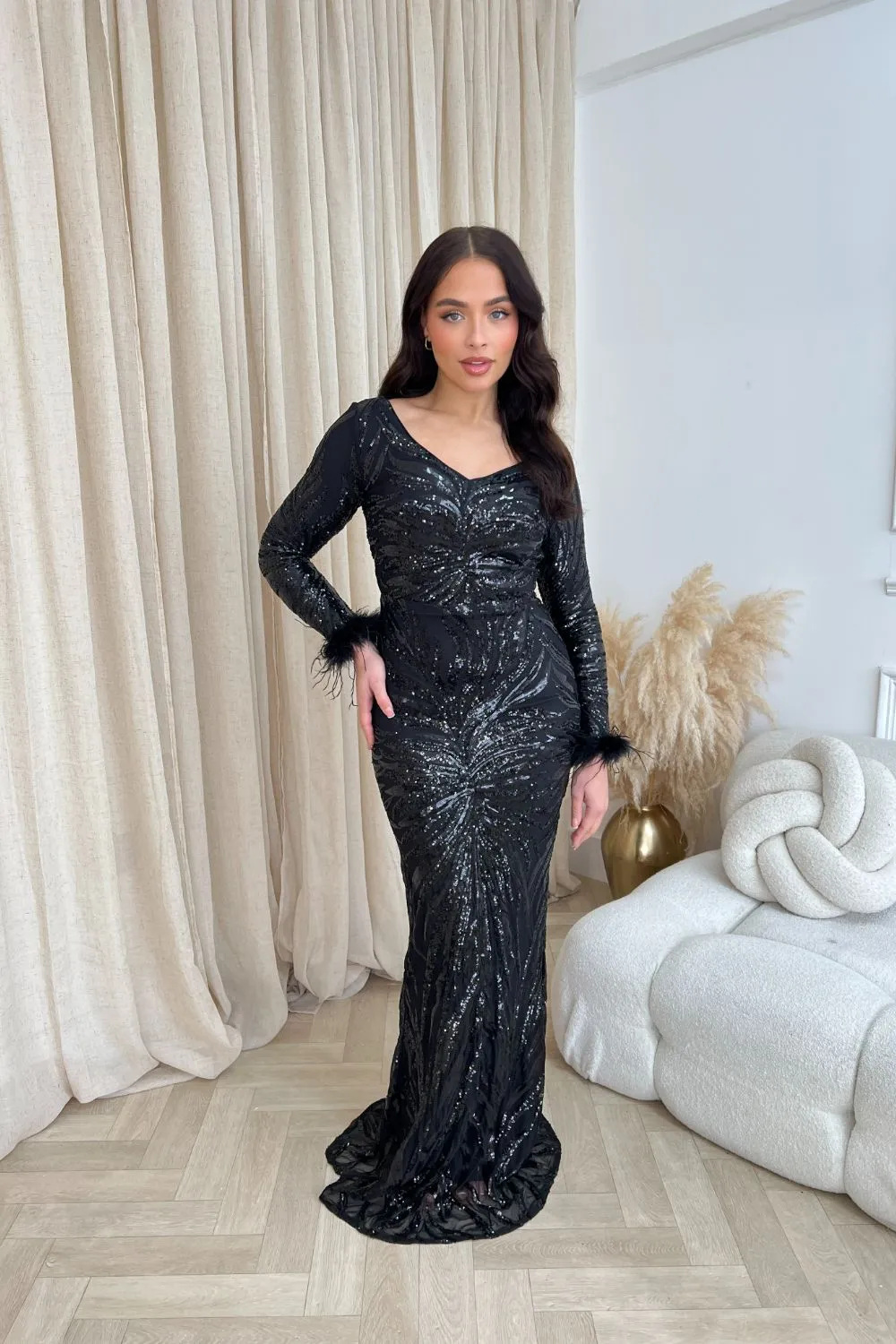 Luminous Black Luxe Hourglass Embellished Sequin Long Sleeve Feather Cuff Maxi Dress