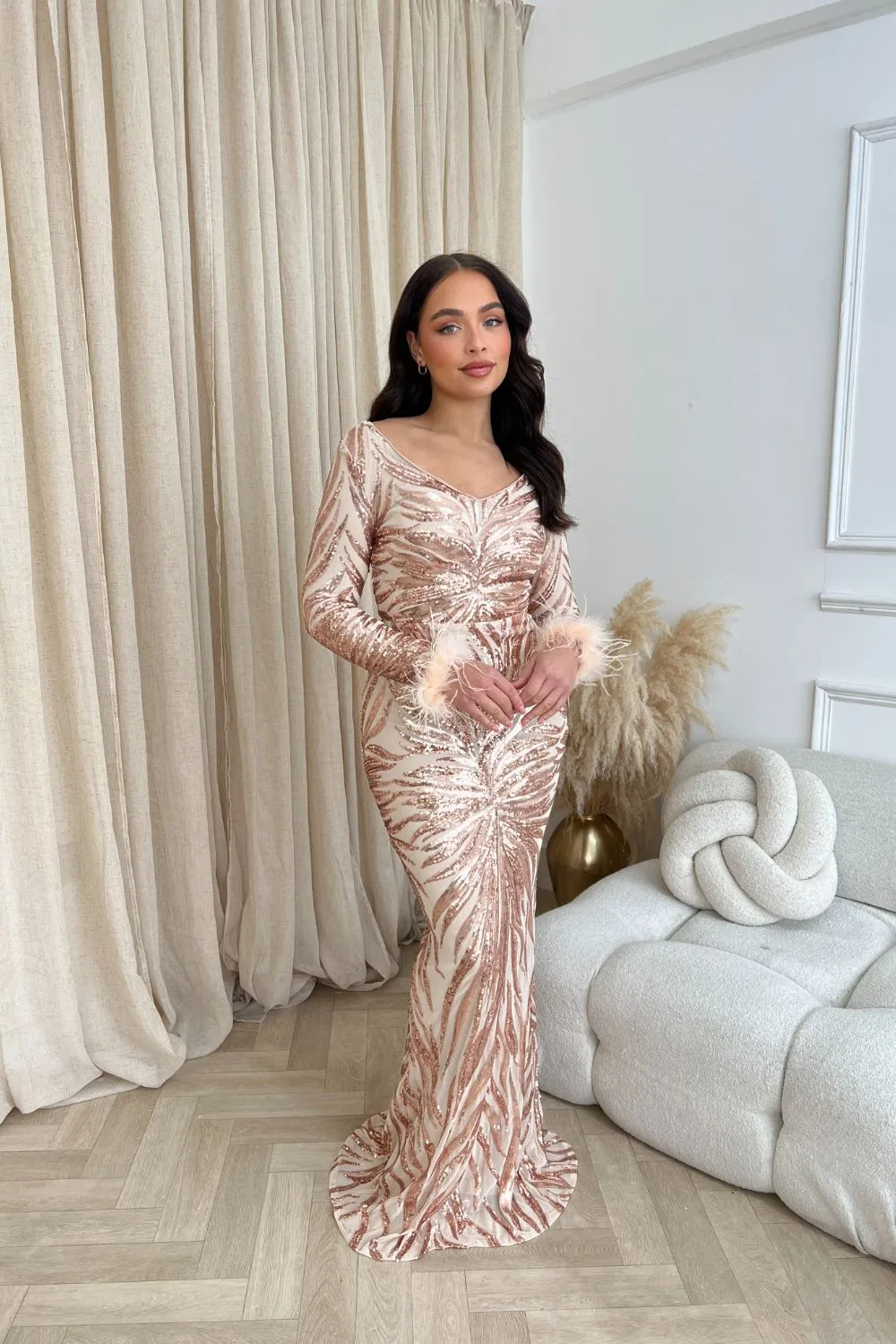 Luminous Rose Gold Luxe Hourglass Embellished Sequin Long Sleeve Feather Cuff Maxi Dress