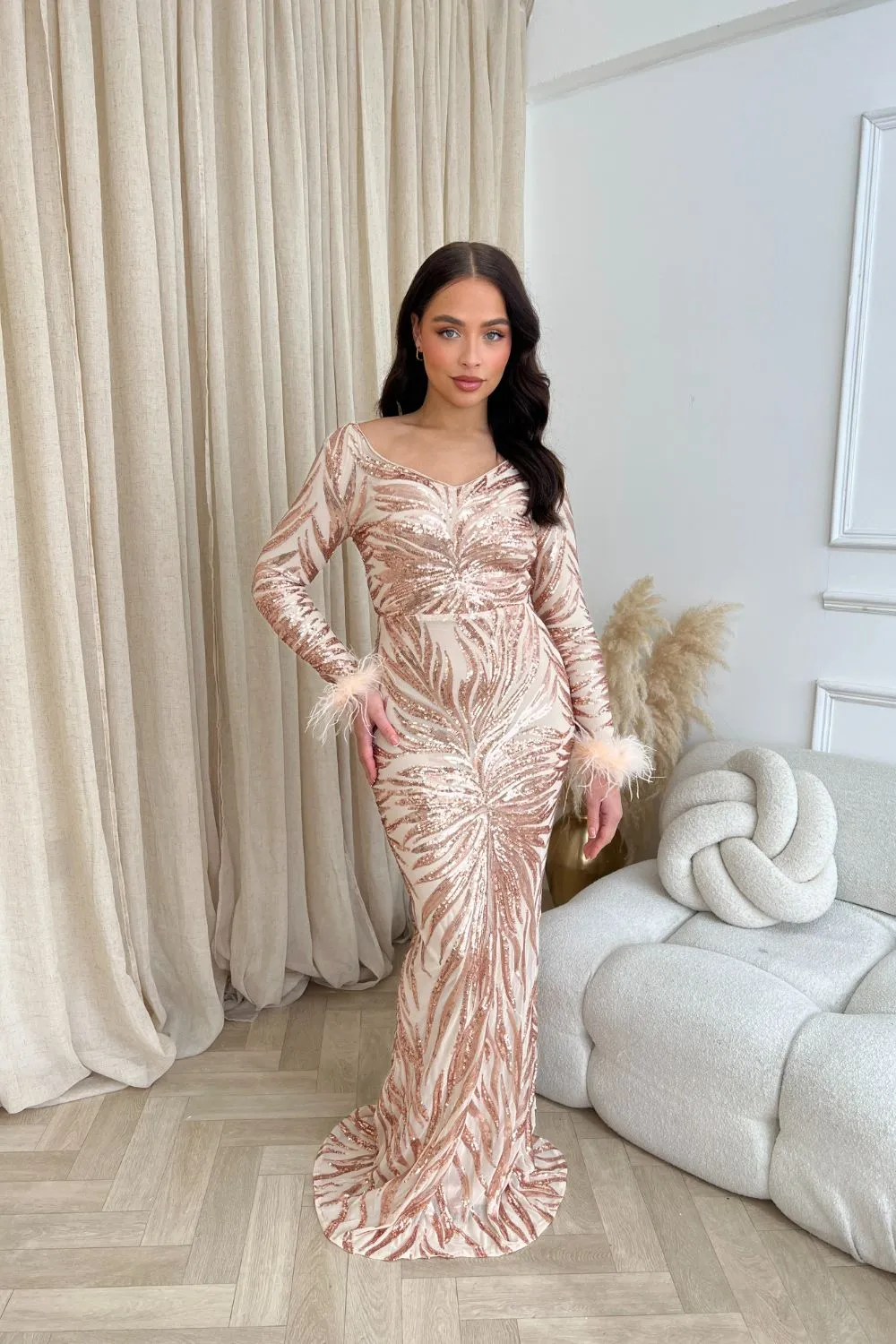 Luminous Rose Gold Luxe Hourglass Embellished Sequin Long Sleeve Feather Cuff Maxi Dress