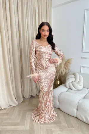 Luminous Rose Gold Luxe Hourglass Embellished Sequin Long Sleeve Feather Cuff Maxi Dress