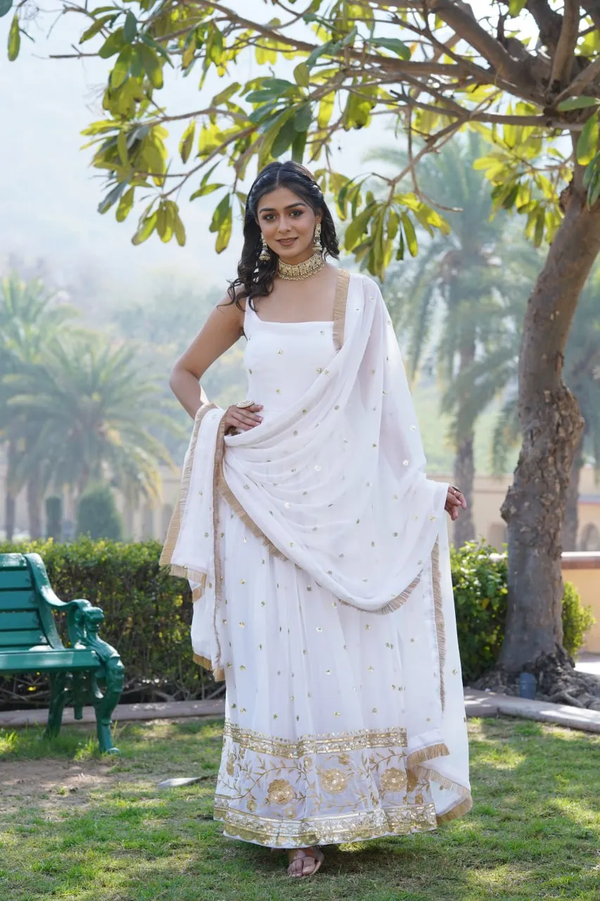 Luxury White Embroidered Sequin Gown with Designer Dupatta