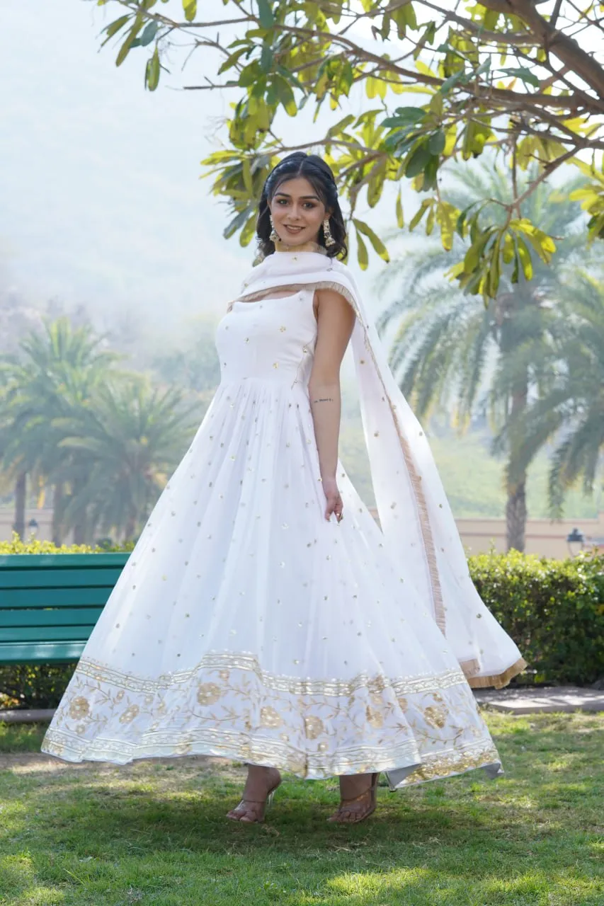 Luxury White Embroidered Sequin Gown with Designer Dupatta