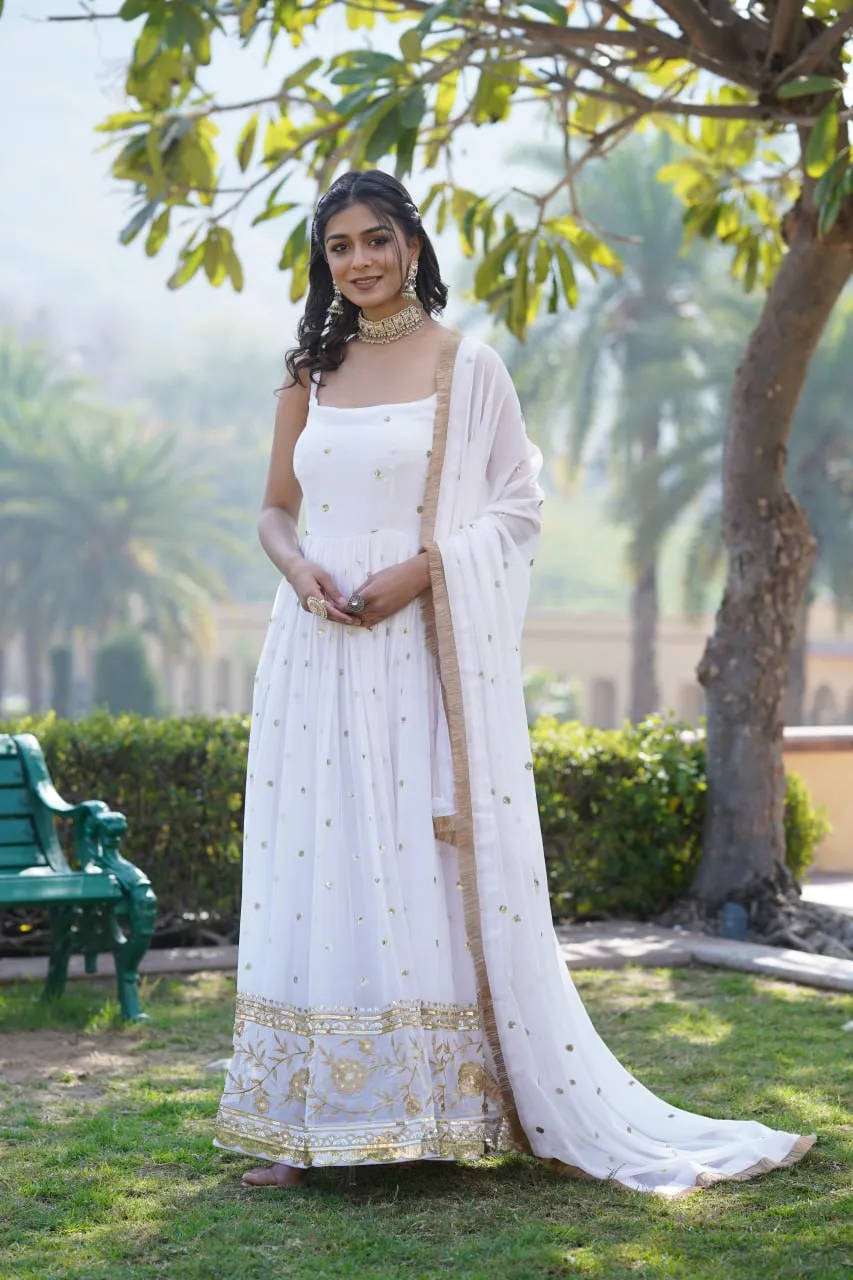 Luxury White Embroidered Sequin Gown with Designer Dupatta