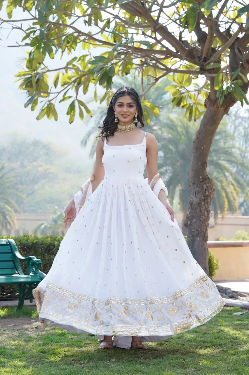 Luxury White Embroidered Sequin Gown with Designer Dupatta