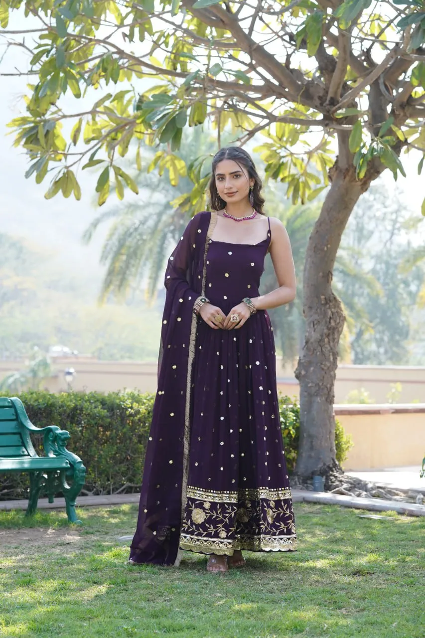 Luxury Wine Embroidered Sequin Gown with Designer Dupatta