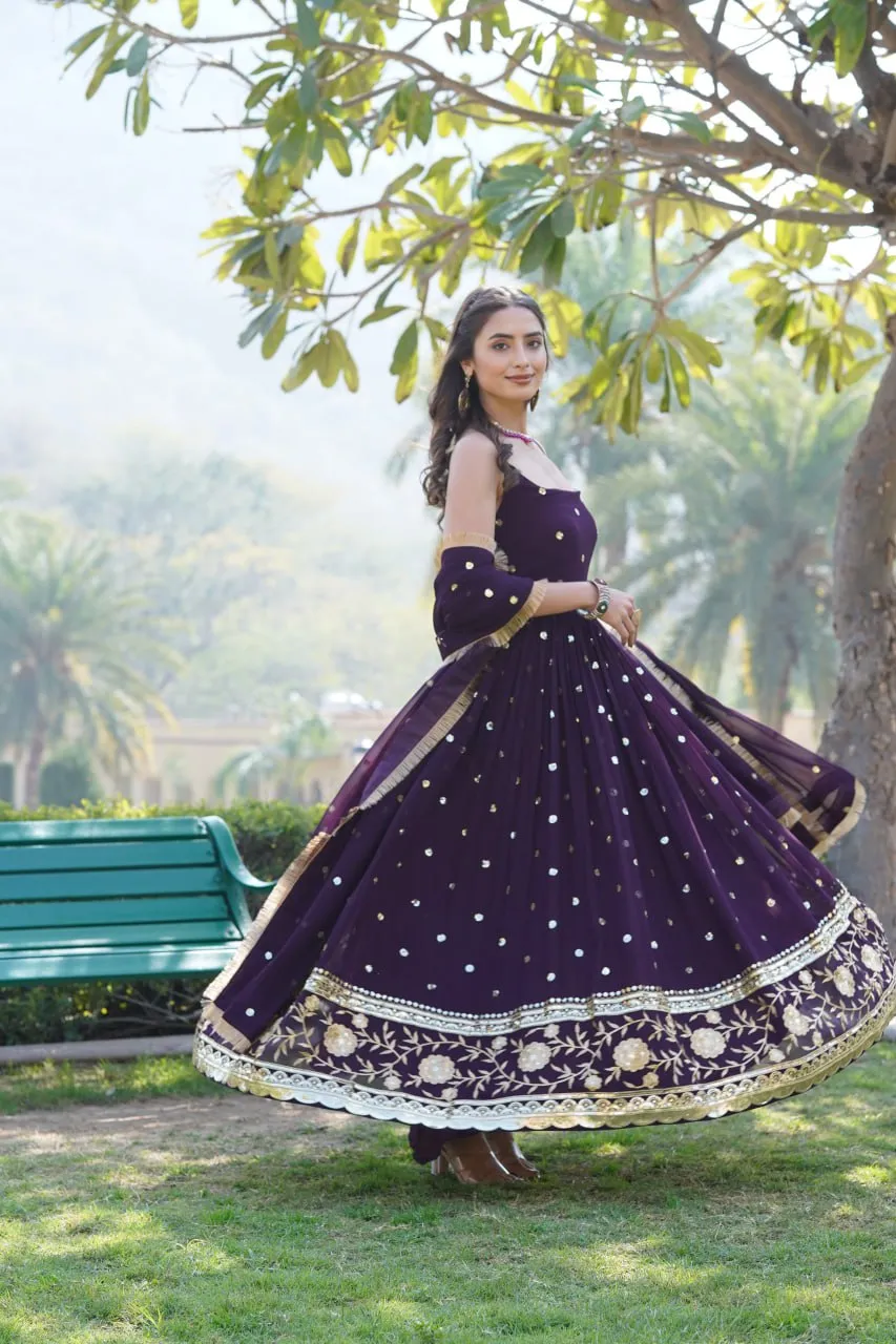 Luxury Wine Embroidered Sequin Gown with Designer Dupatta